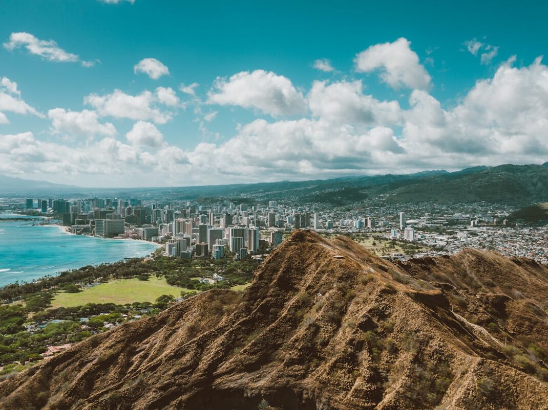 mountains and city by the sea