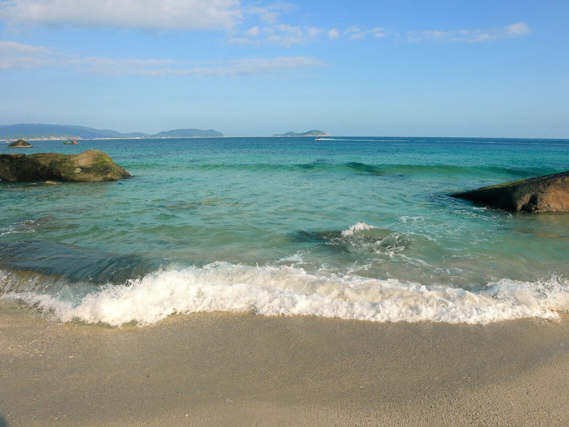 beach scene with waves and rocks