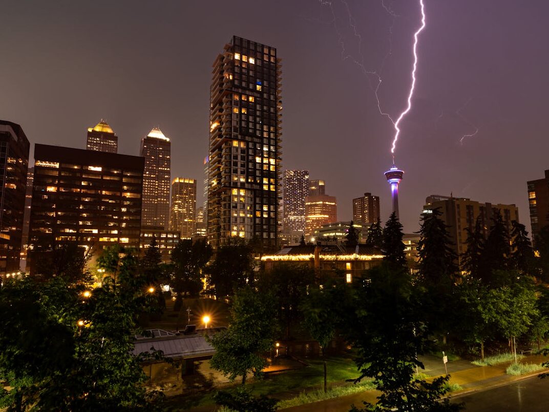lightning over city at night