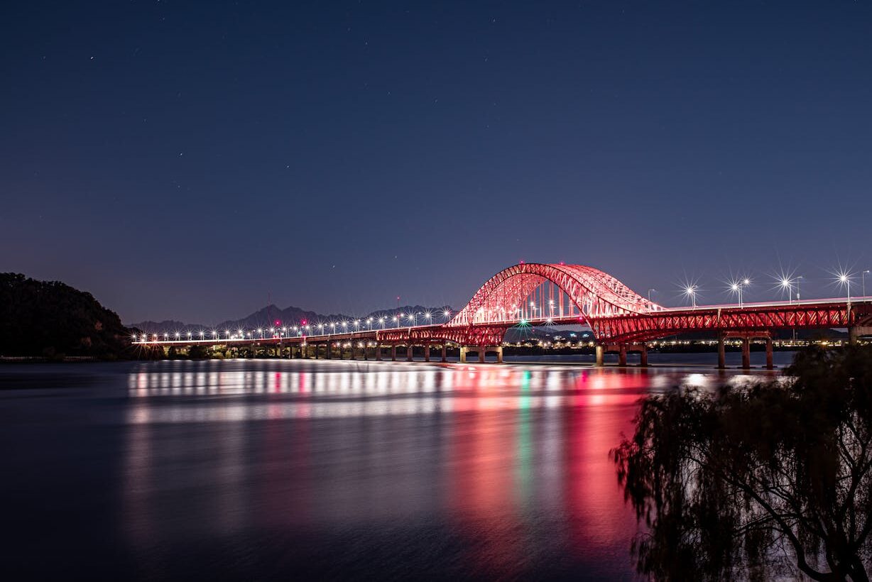 illuminated steel bridge